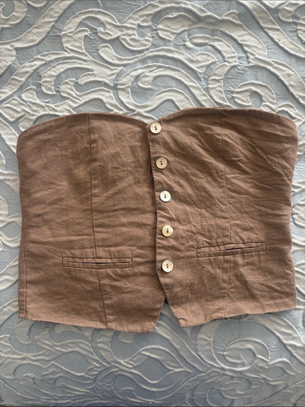Brown Strapless Button-Front Bustier Top